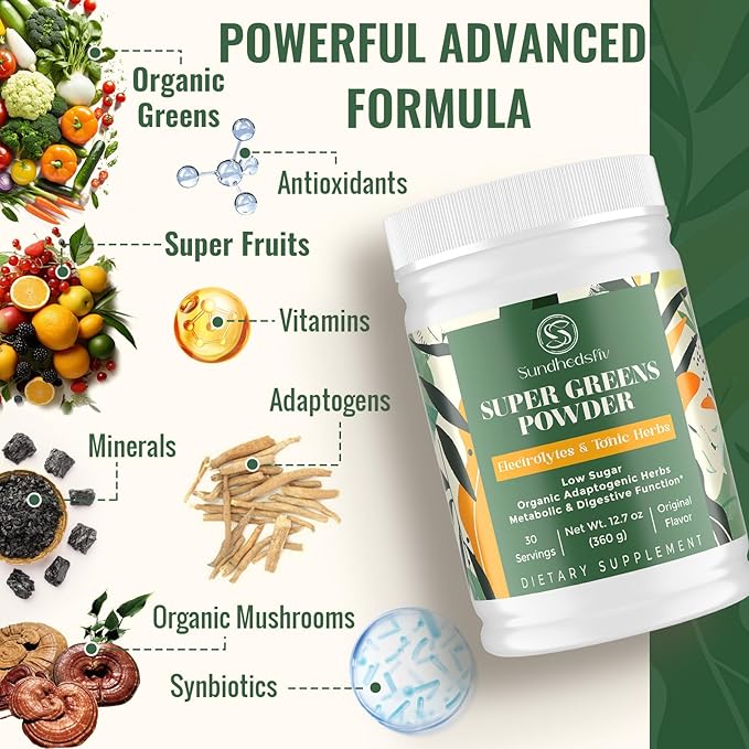 Super Greens Powder Superfood + Electrolytes & Tonic Herbs | Organic Greens, Shilajit, Adaptogens, Antioxidants, Preobiotic & Probiotic & Postbiotic| for Energy, Gut & Immune| Unflavored - 30 Servings - Maple Wellness Supplements