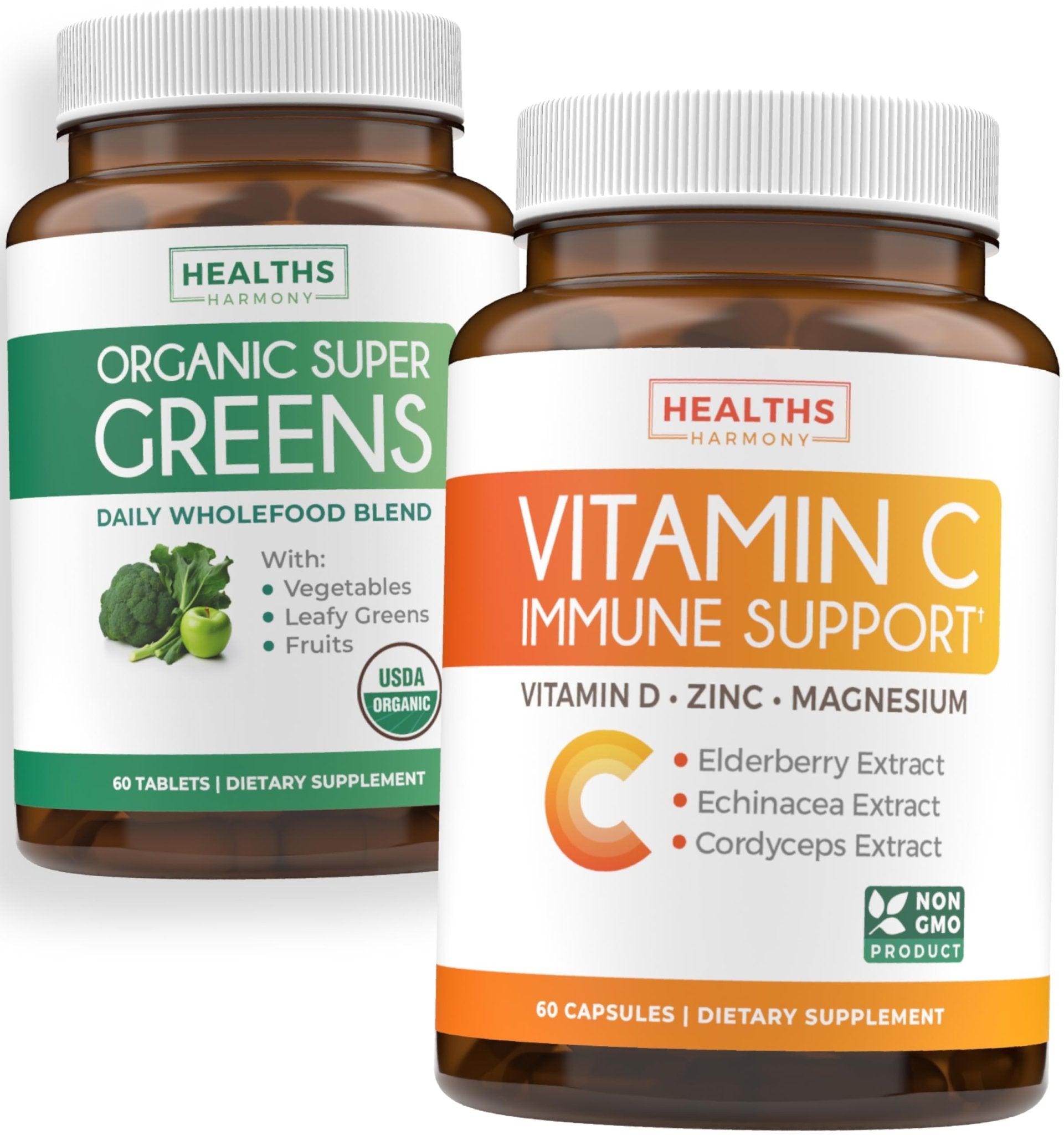 Super Greens & Vitamin C (1-Month Supply) Greens & C Synergy Bundle of Organic Super Greens Powder - Complete Superfood (60 Capsules) & & Vitamin C Immune Support (60 Vegetarian Caps)(Non-GMO) - Maple Wellness Supplements