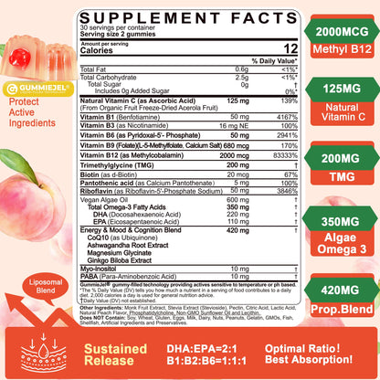 Super Methylated Vitamin B Complex Gummies - All B Vitamins + Omega-3, Magnesium, CoQ10, Ashwagandha,Vitamin C, TMG- For Women Men- Methyl B12 2000 mcg, Methylfolate - Maple Wellness Supplements