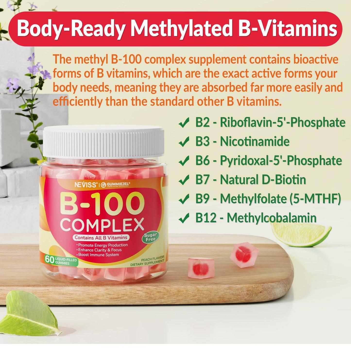 Super Vitamin B Complex Gummies - Methylated B Complex for Women & Men, All B Vitamins, Methyl B12, Methylfolate, Vitamin C, Choline, Inositol, PABA for Energy - Maple Wellness Supplements