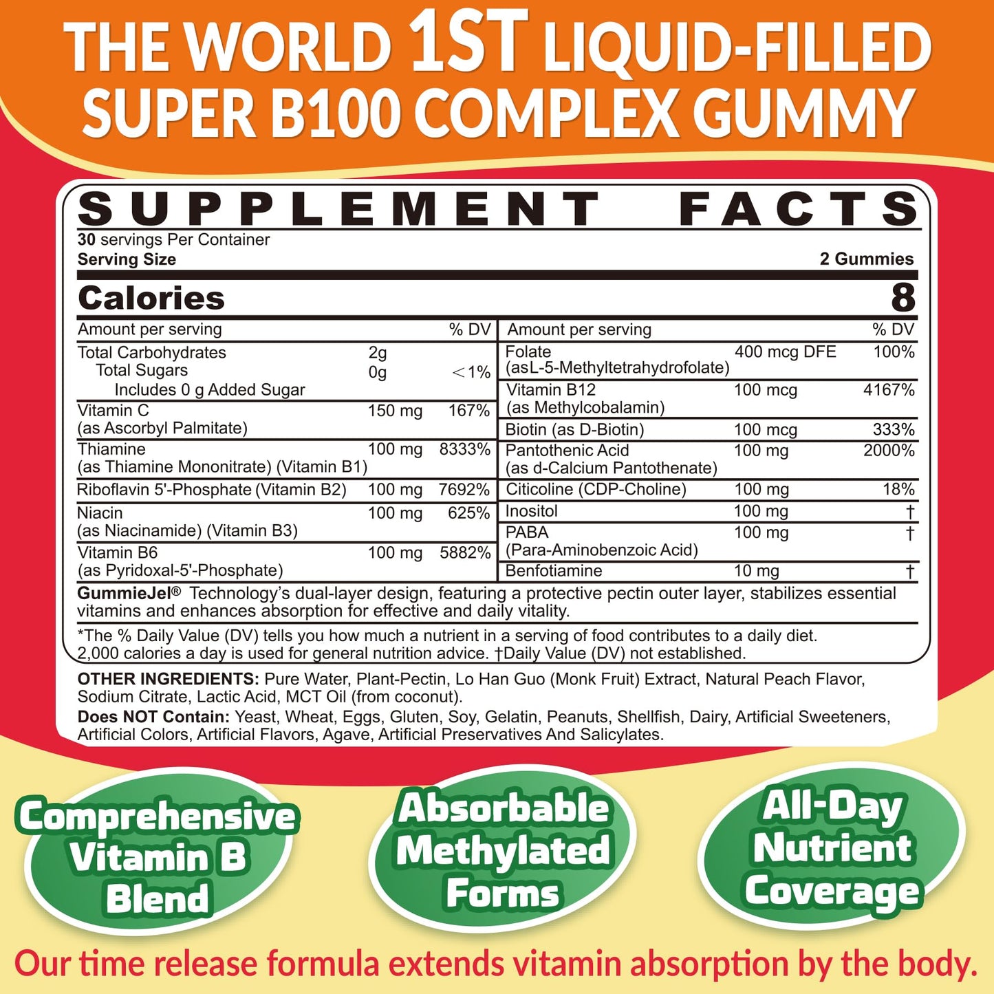 Super Vitamin B Complex Gummies - Methylated B Complex for Women & Men, All B Vitamins, Methyl B12, Methylfolate, Vitamin C, Choline, Inositol, PABA for Energy - Maple Wellness Supplements