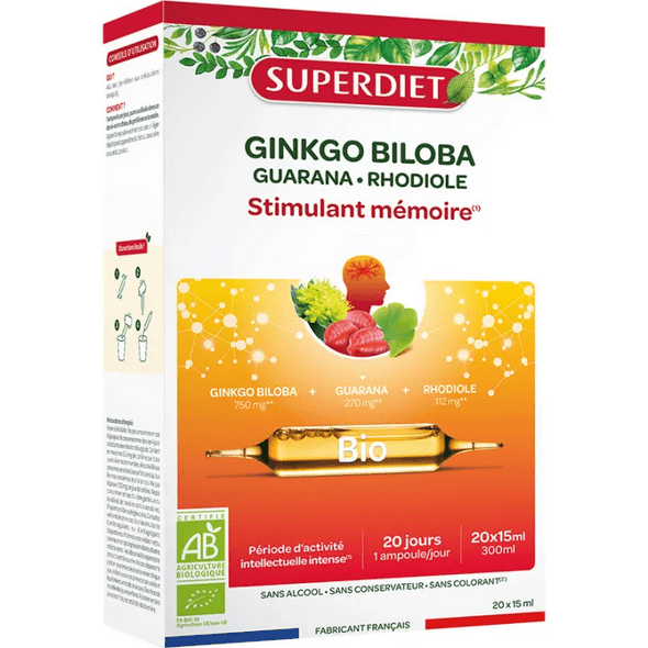 Superdiet Ginkgo Guarana Rhodiola 20 Ampoules - Maple Wellness Supplements