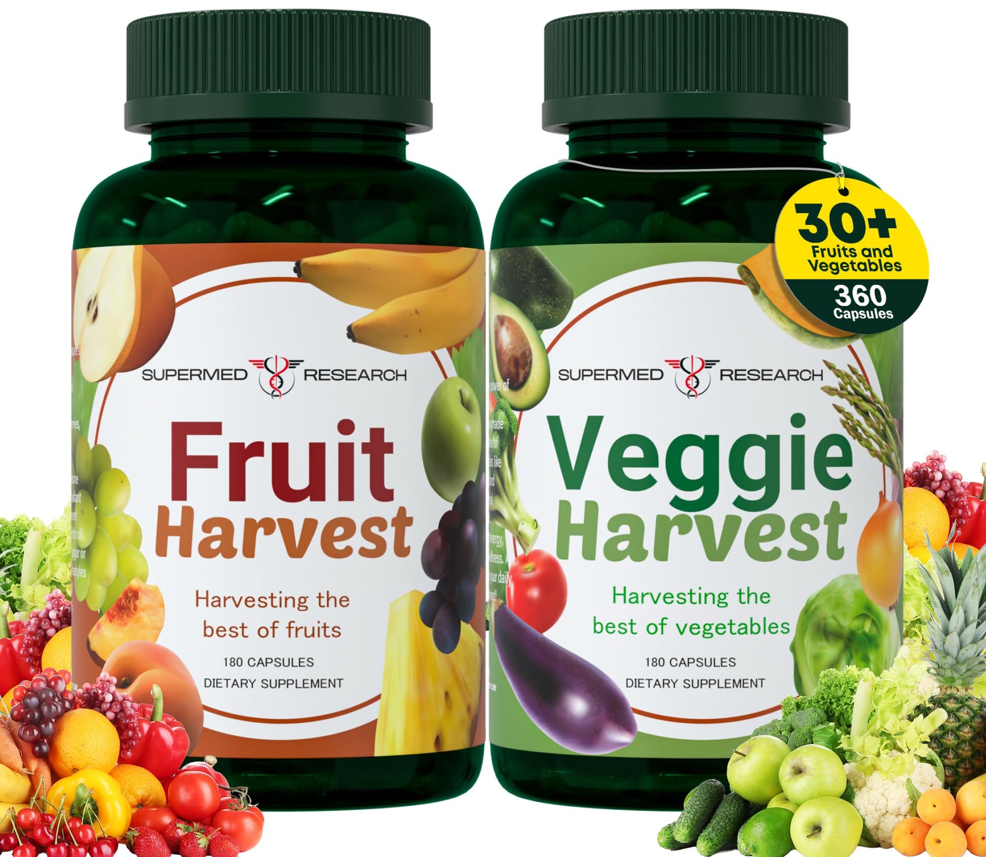 Supermed Research Fruits and Vegetables Supplements – 2 Pack Combination Fruit & Veggies Supplement – Whole Food Vitamins & Minerals for Adults – Superfood Veggie Vitamins for Adults (180 x 2, 360 Ct) - Maple Wellness Supplements