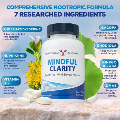Supermed Research Mental Clarity & Focus Supplement with Bacopa, Rhodiola, Ginkgo Biloba, Huperzine, Vitamin B12, DMAE – Vegan Nootropic Brain Supplement for Memory and Brain Health (120 Capsules) - Maple Wellness Supplements