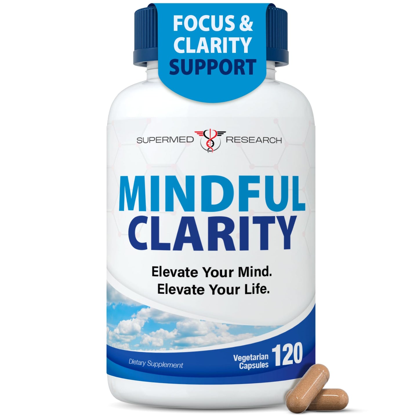 Supermed Research Mental Clarity & Focus Supplement with Bacopa, Rhodiola, Ginkgo Biloba, Huperzine, Vitamin B12, DMAE – Vegan Nootropic Brain Supplement for Memory and Brain Health (120 Capsules) - Maple Wellness Supplements
