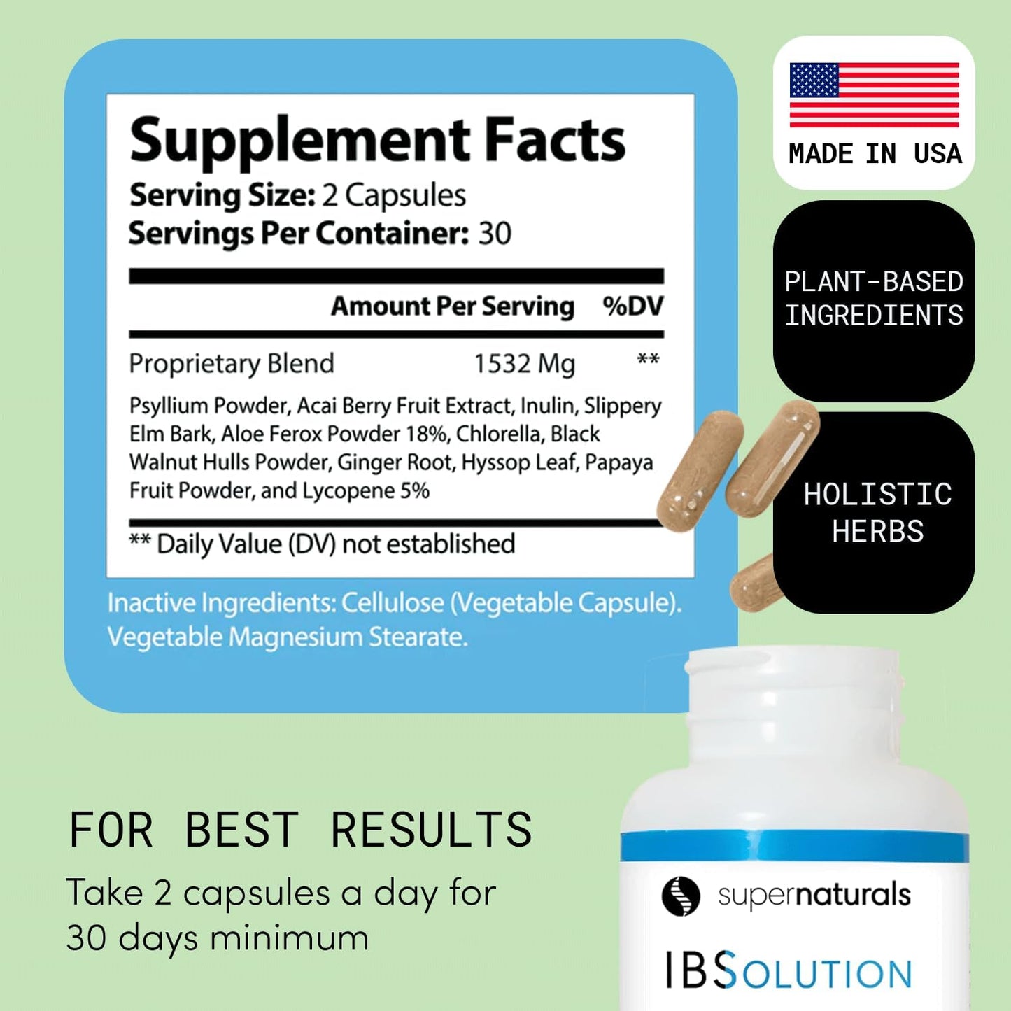 SuperNaturals IBSolution - Made in USA, Non-GMO, Gluten Free & Vegan (60 Capsules) - Digestive Gut Health Supplement With Psyllium Husk - Gas, Bloating, Diarrhea - Maple Wellness Supplements