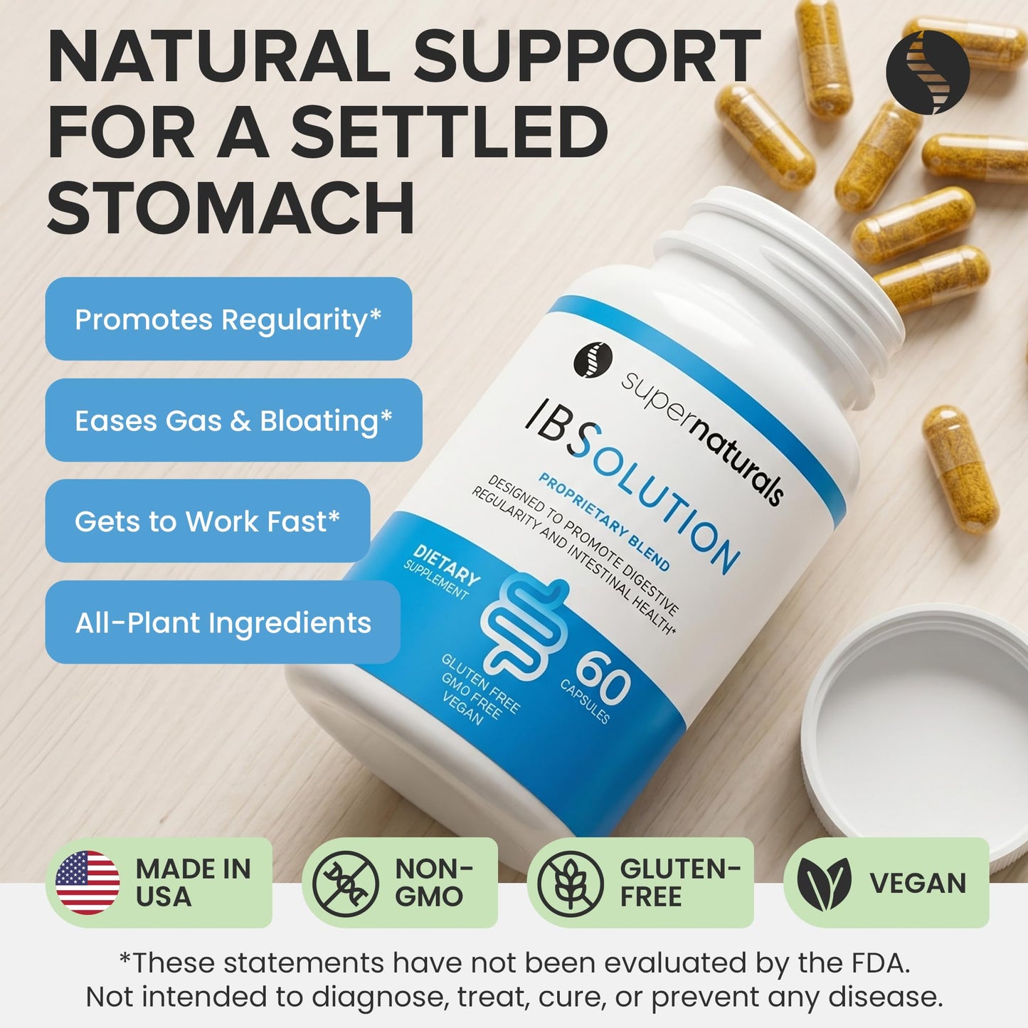 SuperNaturals IBSolution - Made in USA, Non-GMO, Gluten Free & Vegan (60 Capsules) - Digestive Gut Health Supplement With Psyllium Husk - Gas, Bloating, Diarrhea - Maple Wellness Supplements