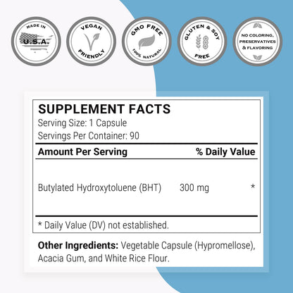 Supersmart - BHT Supplement 300mg per Day - Butylated Hydroxytoluene | Non-GMO & Gluten Free - 90 Vegetarian Capsules - Maple Wellness Supplements