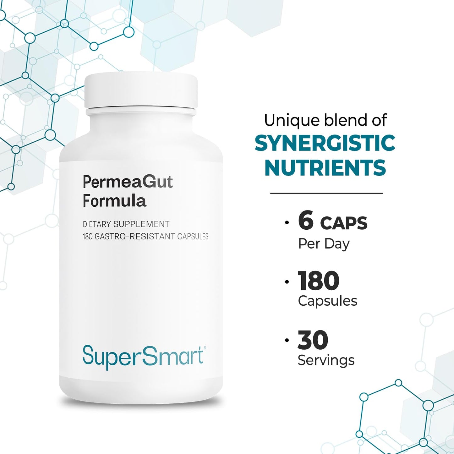 Supersmart PermeaGut Formula (High Potency) - with L-Glutamine, ButiShield Calcium Butyrate, Zinc-L-Carnosine - Gut Barrier Support | Vegan & Gluten Free - 180 Gastro-Resistant Capsules - Maple Wellness Supplements
