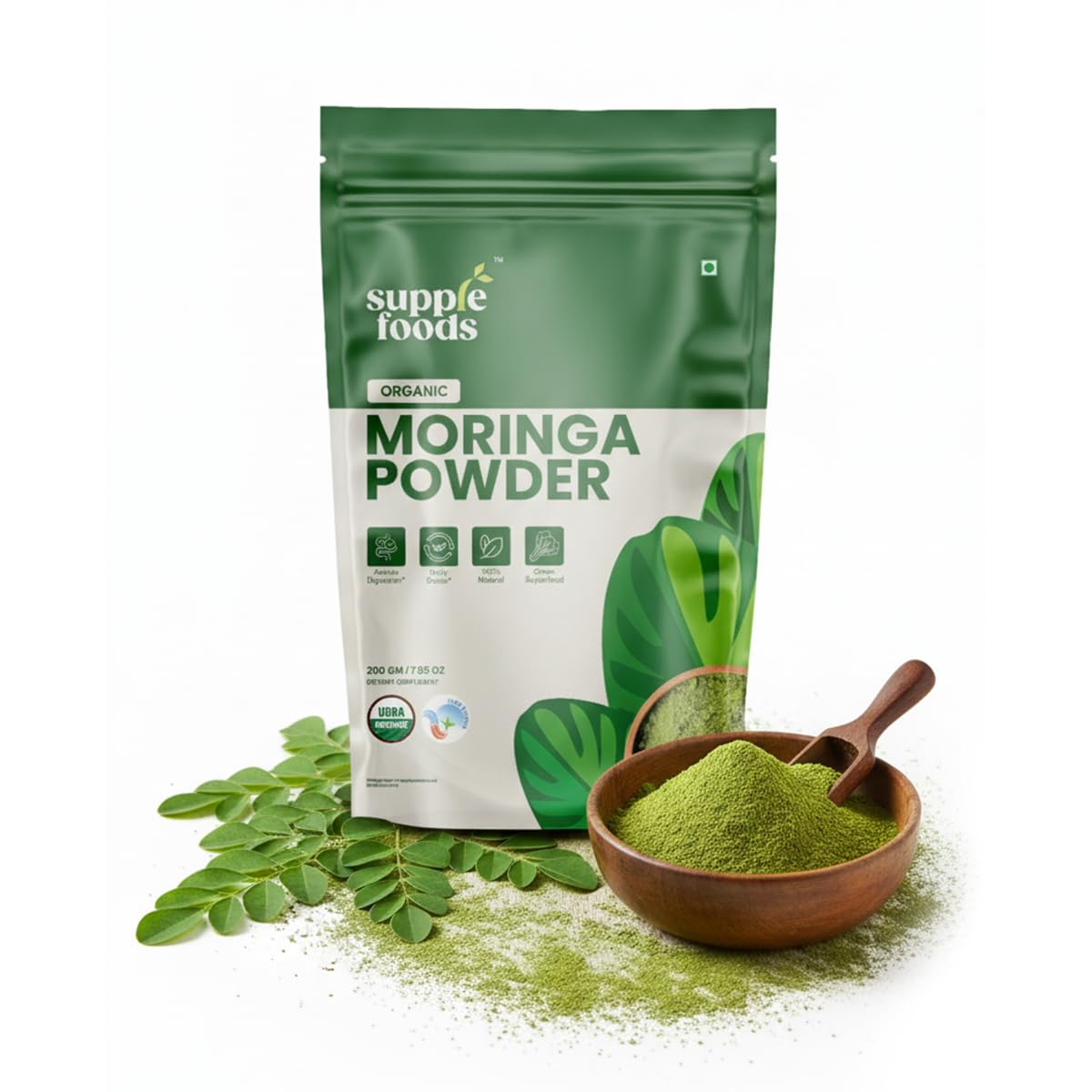 supplefoods Organic Moringa Powder 200 g / 7.05 oz | 100% Natural Green Superfood | Assists Digestion & Daily Detox | Finely Milled Moringa Leaf Powder | USDA Certified Organic Dietary Supplement - Maple Wellness Supplements