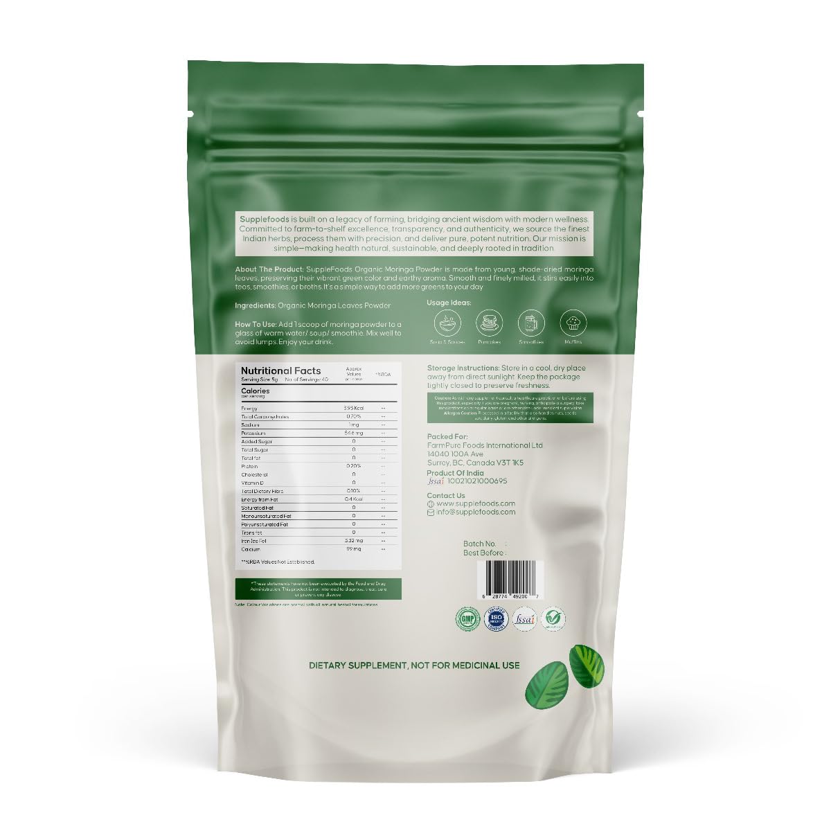 supplefoods Organic Moringa Powder 200 g / 7.05 oz | 100% Natural Green Superfood | Assists Digestion & Daily Detox | Finely Milled Moringa Leaf Powder | USDA Certified Organic Dietary Supplement - Maple Wellness Supplements