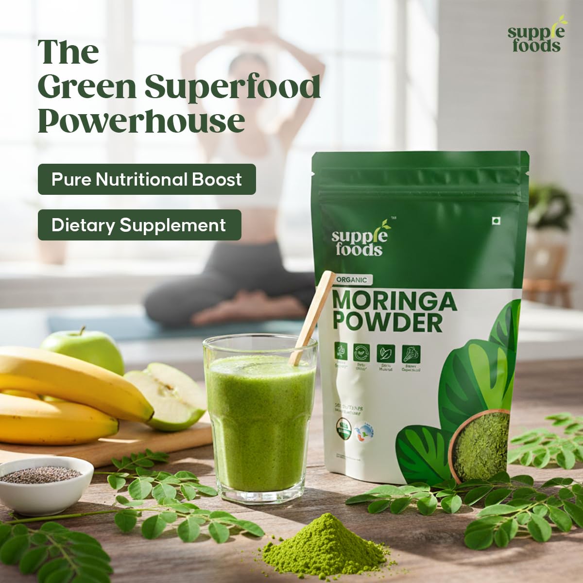 supplefoods Organic Moringa Powder 200 g / 7.05 oz | 100% Natural Green Superfood | Assists Digestion & Daily Detox | Finely Milled Moringa Leaf Powder | USDA Certified Organic Dietary Supplement - Maple Wellness Supplements