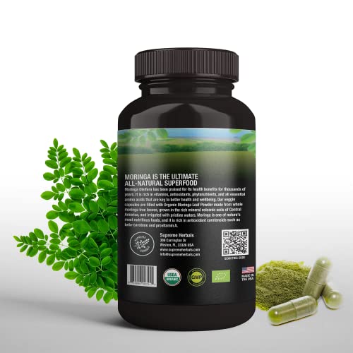 SUPREME HERBALS, 100% Raw and Pure Moringa Leaf Powder Capsules. Organic Certified Moringa Leaf. Natural Superfood with Essential Amino Acids - Maple Wellness Supplements
