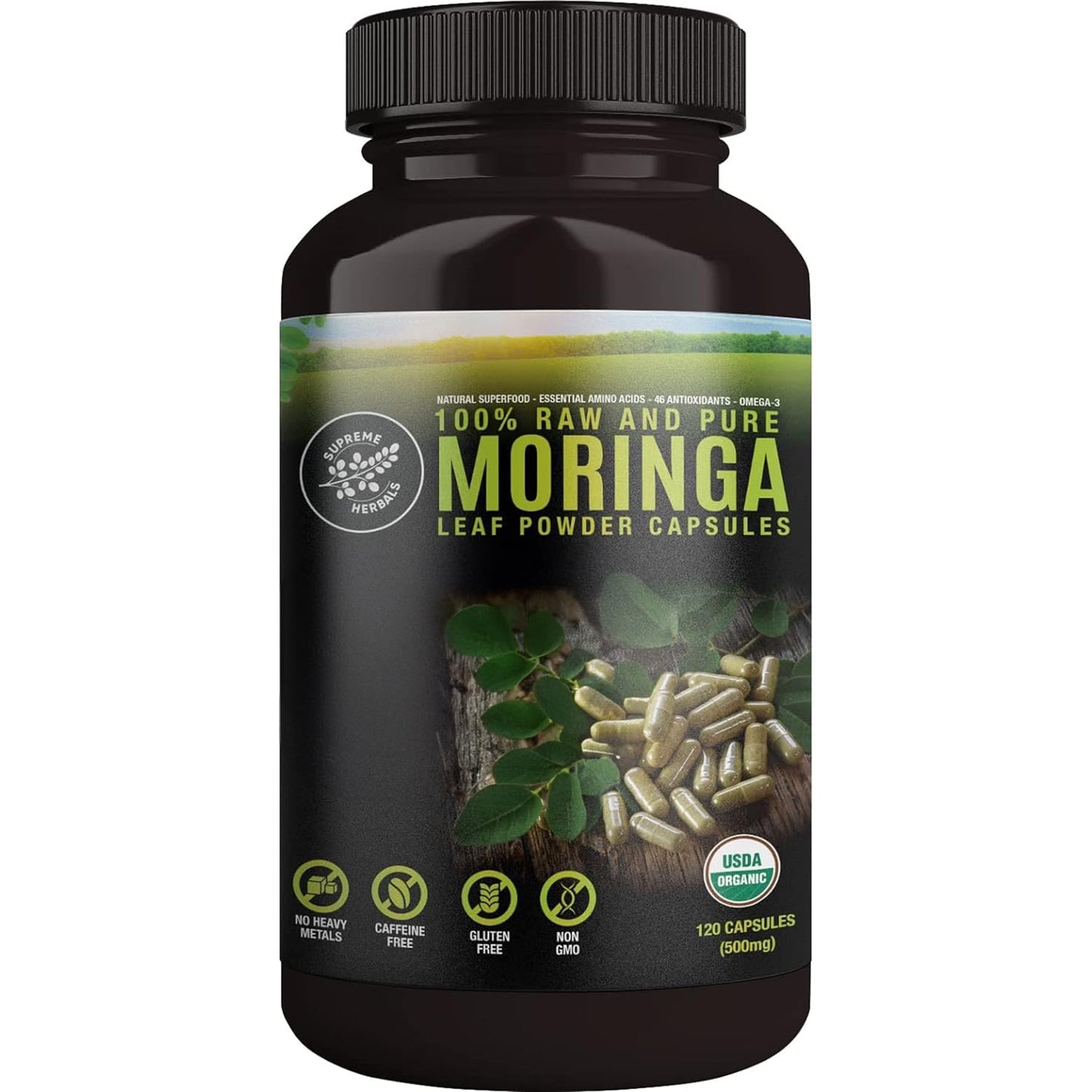 SUPREME HERBALS, 100% Raw and Pure Moringa Leaf Powder Capsules. Organic Certified Moringa Leaf. Natural Superfood with Essential Amino Acids - Maple Wellness Supplements