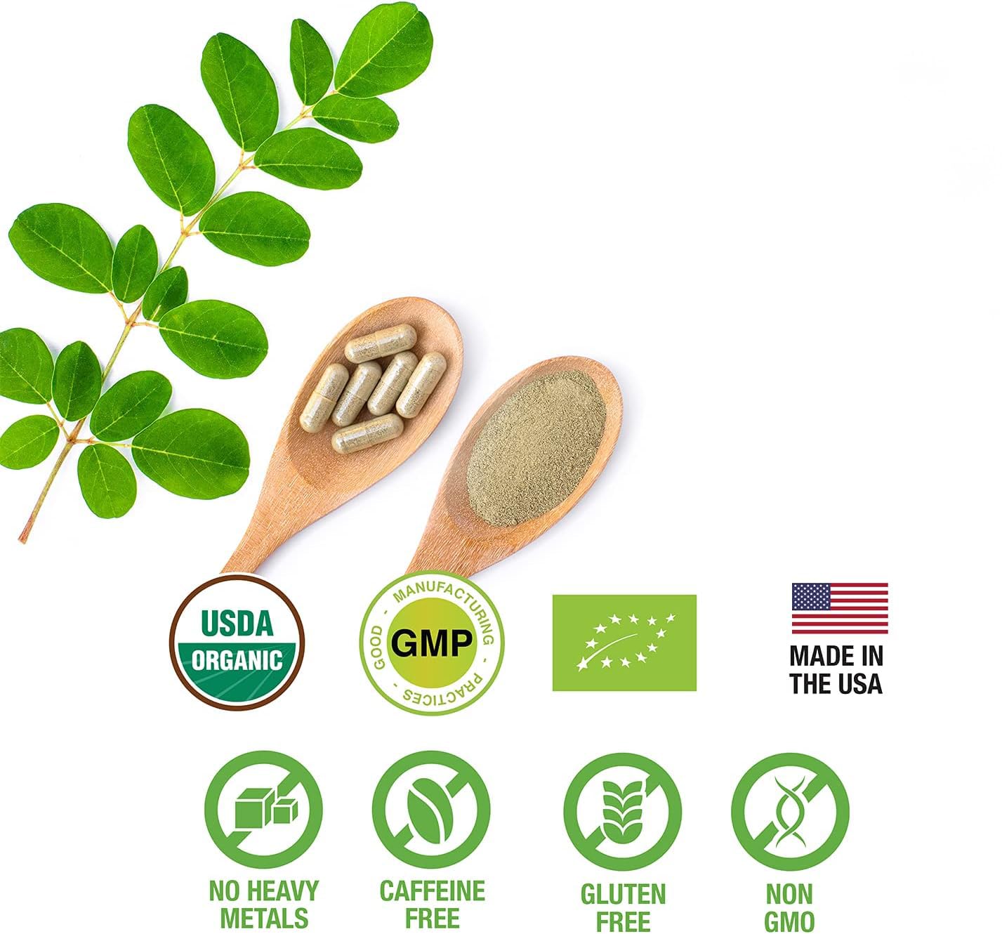 SUPREME HERBALS, 100% Raw and Pure Moringa Leaf Powder Capsules. Organic Certified Moringa Leaf. Natural Superfood with Essential Amino Acids - Maple Wellness Supplements