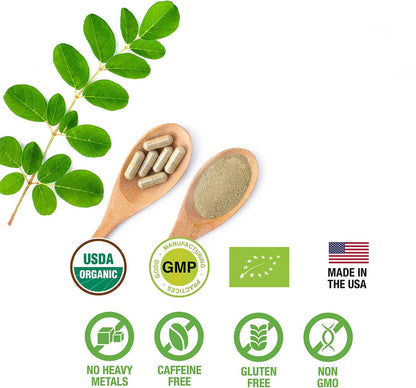 SUPREME HERBALS, 100% Raw and Pure Moringa Leaf Powder Capsules. Organic Certified Moringa Leaf. Natural Superfood with Essential Amino Acids - Maple Wellness Supplements