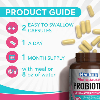 Surebounty Menopause Probiotic Supplement for Women, 70 Billion CFU, with Akkermansia Muciniphila, Vitamins B6 & D3, Botanicals, for Hormone Balance, Hot Flashes, Night Sweats, Gut Health, 60 Capsules - Maple Wellness Supplements