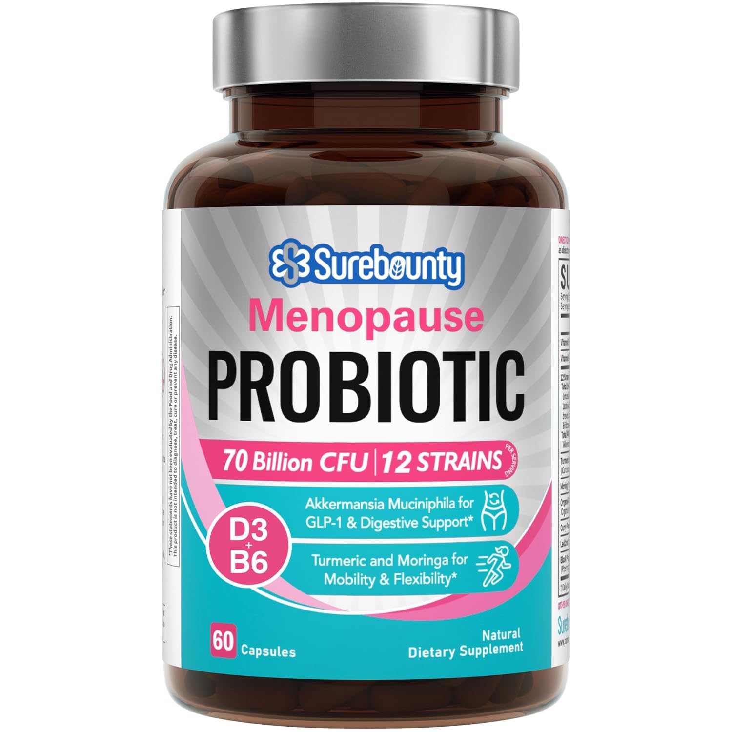 Surebounty Menopause Probiotic Supplement for Women, 70 Billion CFU, with Akkermansia Muciniphila, Vitamins B6 & D3, Botanicals, for Hormone Balance, Hot Flashes, Night Sweats, Gut Health, 60 Capsules - Maple Wellness Supplements