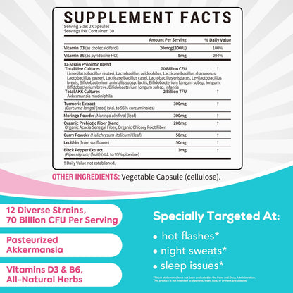 Surebounty Menopause Probiotic Supplement for Women, 70 Billion CFU, with Akkermansia Muciniphila, Vitamins B6 & D3, Botanicals, for Hormone Balance, Hot Flashes, Night Sweats, Gut Health, 60 Capsules - Maple Wellness Supplements