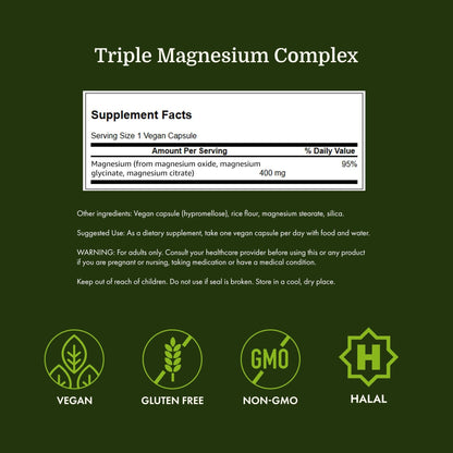 Swanson Triple Magnesium Complex Bone, Nerve, and Muscle Support Supplement for Adults Seeking Optimal Magnesium Absorption - 400 mg (300 Vegan Capsules) - Maple Wellness Supplements