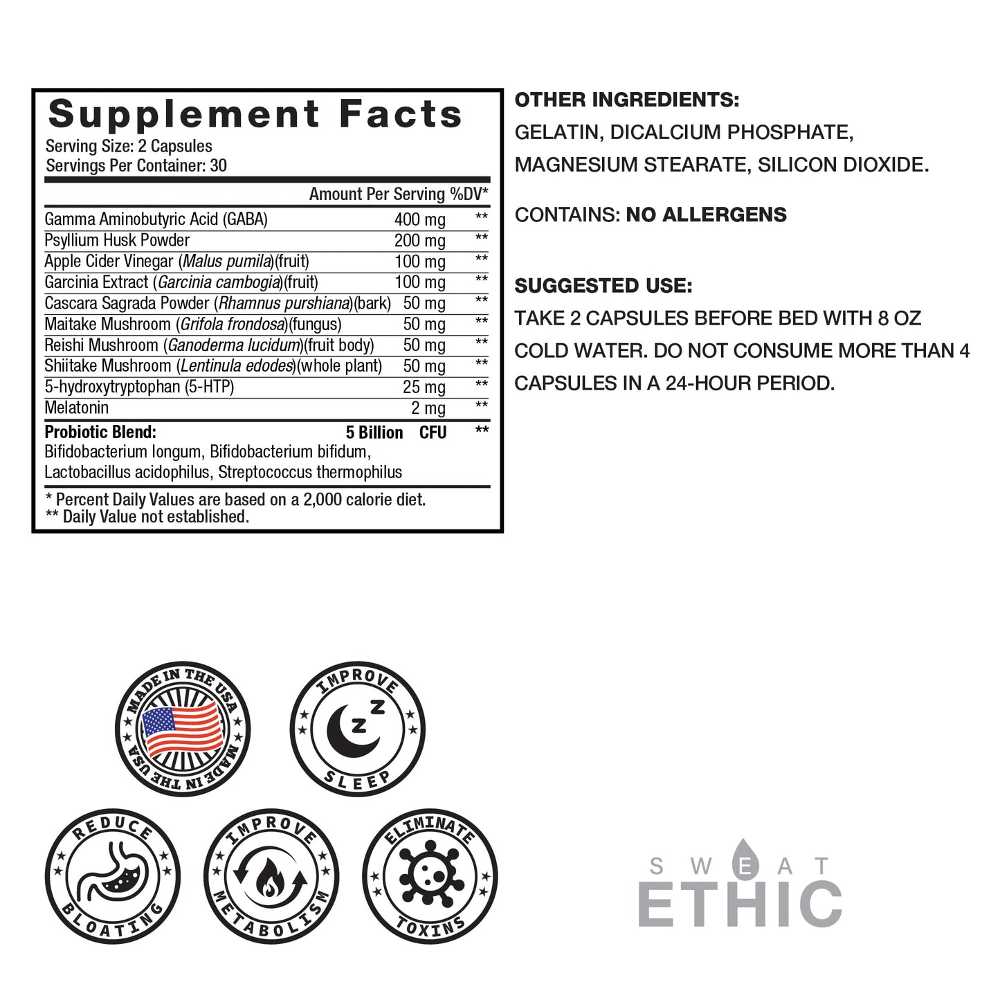 Sweat Ethic Pure & Lean Detox, Natural Nighttime Support with GABA, 5 HTP, Melatonin, Probiotics & Herbal Extracts, Supports Evening Routine and Digestion, Dietary Supplement - Maple Wellness Supplements