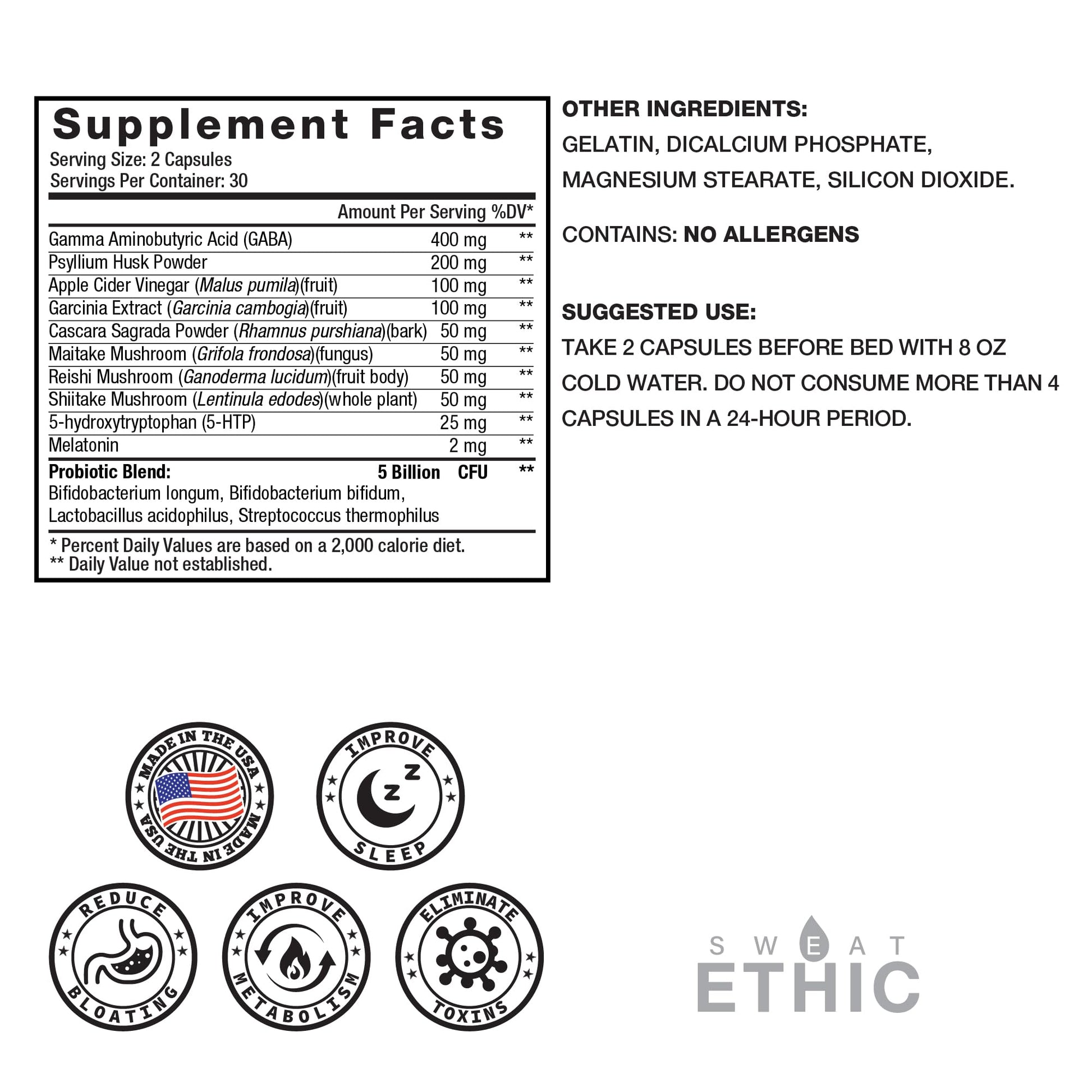 Sweat Ethic Pure & Lean Detox, Natural Nighttime Support with GABA, 5 HTP, Melatonin, Probiotics & Herbal Extracts, Supports Evening Routine and Digestion, Dietary Supplement - Maple Wellness Supplements