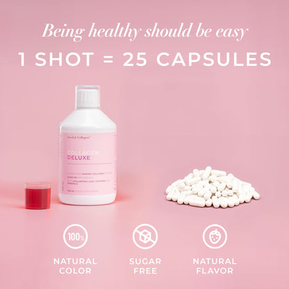 Swedish Collagen Deluxe 12,500 mg Hydrolyzed Marine Collagen Liquid Supplement - 20 Day Supply, 500 ml, Type 1 & 3 | Peptides & Vitamins for Hair, Skin, Nails, Joints | Clinically Tested | Sugar Free - Maple Wellness Supplements