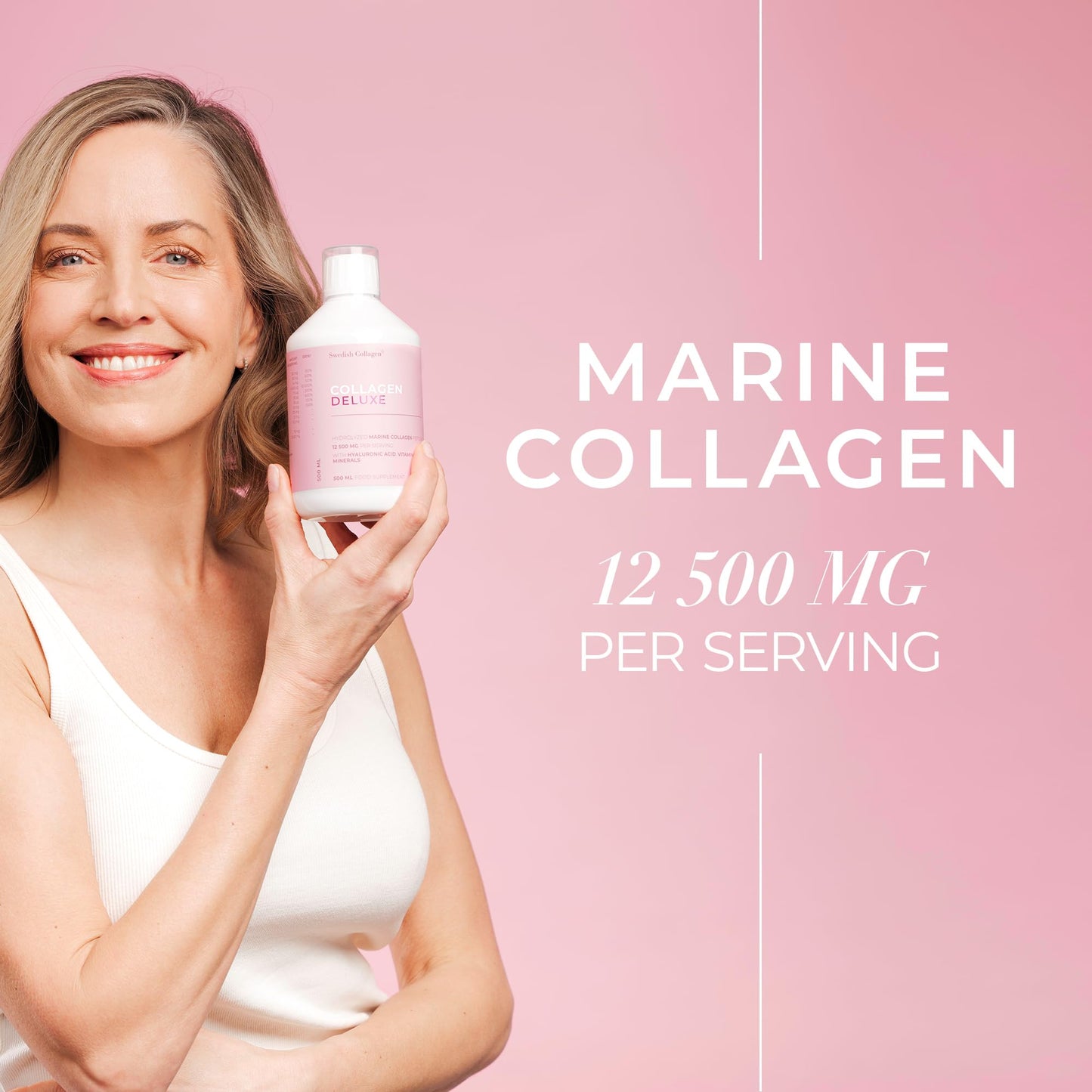 Swedish Collagen Deluxe 12,500 mg Hydrolyzed Marine Collagen Liquid Supplement - 20 Day Supply, 500 ml, Type 1 & 3 | Peptides & Vitamins for Hair, Skin, Nails, Joints | Clinically Tested | Sugar Free - Maple Wellness Supplements