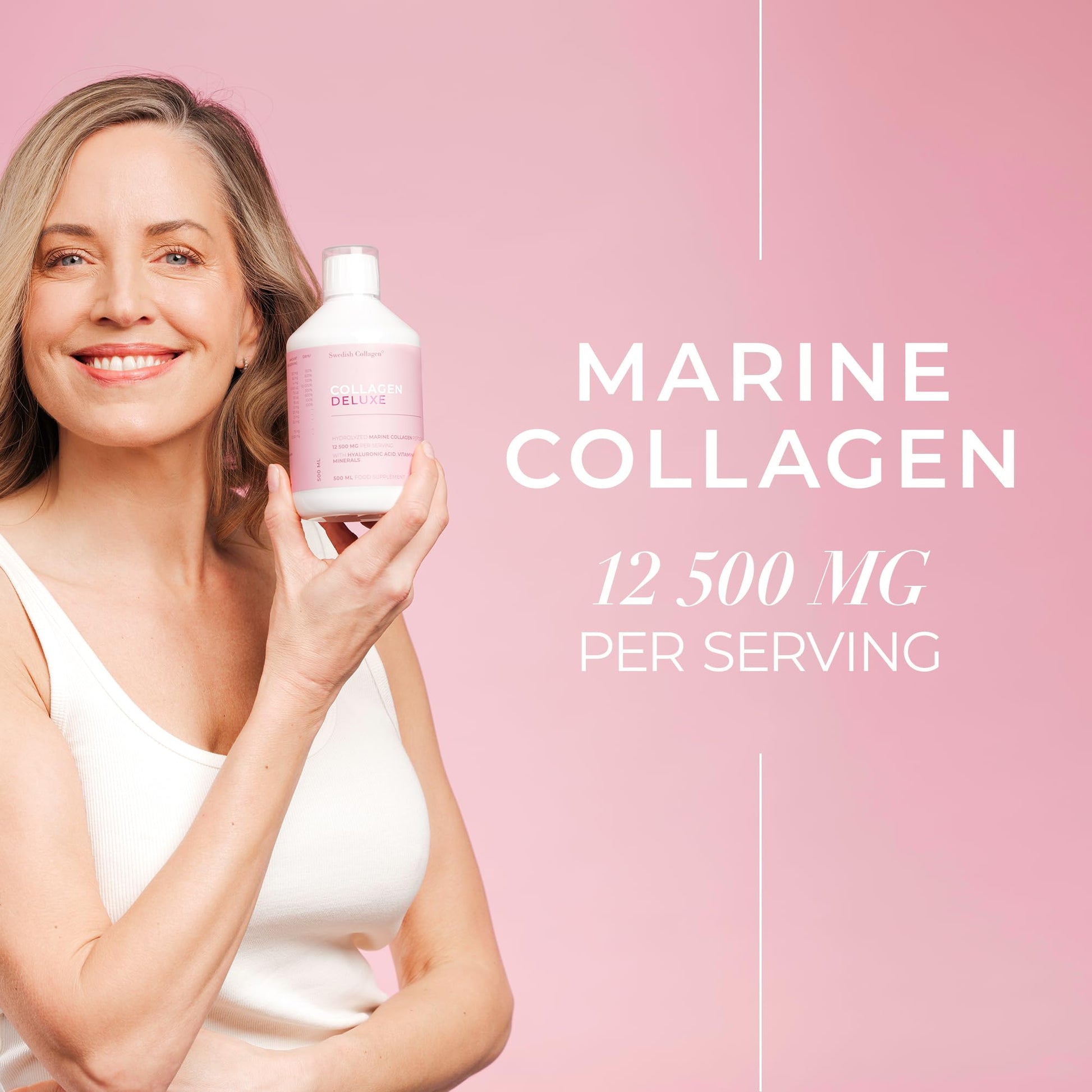 Swedish Collagen Deluxe 12,500 mg Hydrolyzed Marine Collagen Liquid Supplement - 20 Day Supply, 500 ml, Type 1 & 3 | Peptides & Vitamins for Hair, Skin, Nails, Joints | Clinically Tested | Sugar Free - Maple Wellness Supplements