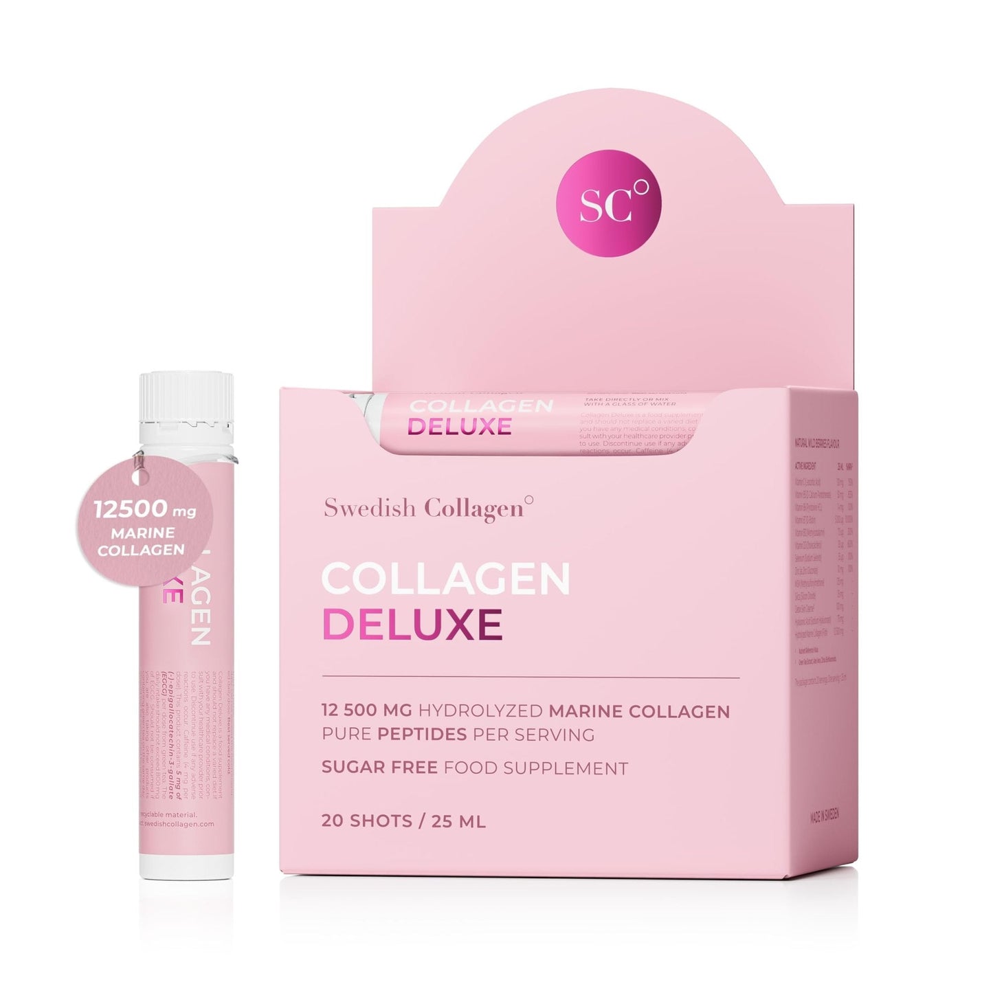 Swedish Collagen Deluxe, 12,500 mg Hydrolyzed Marine Collagen Liquid Supplement - 20 x 25 ml Daily Shots | Hyaluronic Acid, Biotin & Vitamin C for Healthy Hair, Skin, Nails & Joints | Sugar-Free - Maple Wellness Supplements