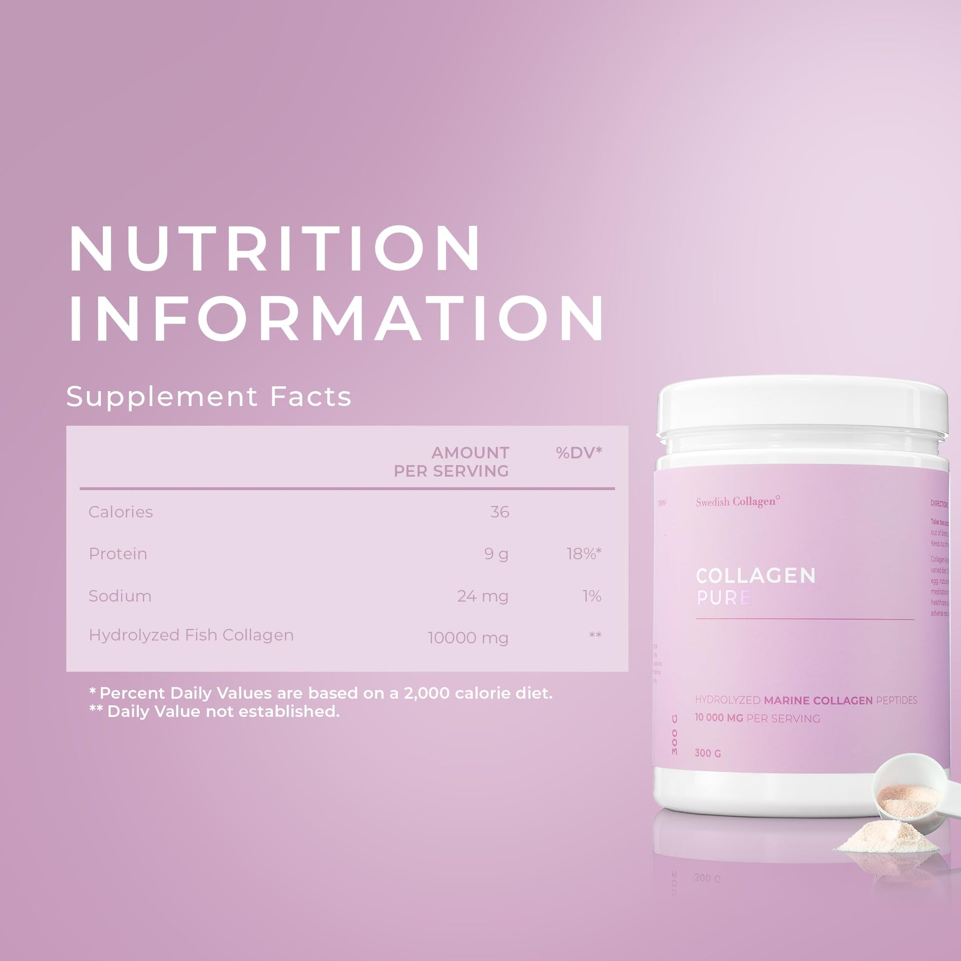 Swedish Collagen - Hydrolyzed Marine Collagen 10,000 mg Powder Supplement - Pack of 300 g, 30 Day Supply | Pure Peptide for Healthy Hair, Skin, Nails & Joints I 100% Natural & Gluten Free | Sugar-Free - Maple Wellness Supplements