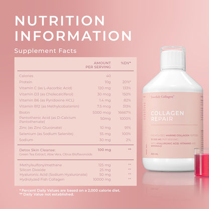 Swedish Collagen Repair | 10,000 mg Hydrolyzed Marine Collagen Liquid Supplement - 500 ml, 20 Day Supply I Hyaluronic Acid, Biotin & Vitamin C for Healthy Hair, Skin, Nails & Joints | Sugar-Free - Maple Wellness Supplements