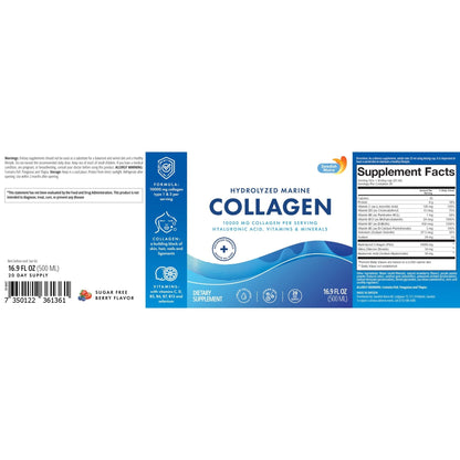 Swedish Nutra 10,000 mg Hydrolyzed Marine Collagen Liquid Supplement - 500 ml, 20 Day Supply | Hyaluronic Acid, Biotin & Vitamin C for Healthy Hair, Skin, Nails & Joints | For Men & Women | Sugar-Free - Maple Wellness Supplements