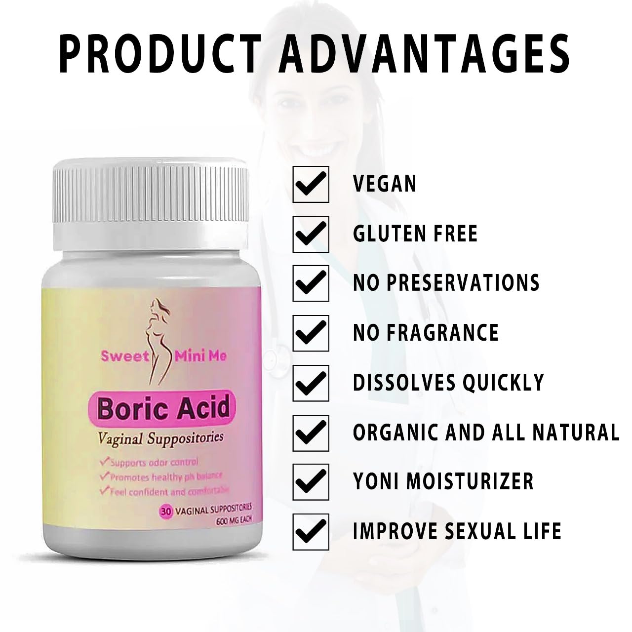Sweet Mini Me 600mg Boric Acid Suppositories – Natural Vaginal Health Support for Women – pH Balance, Odor & Itch Relief – 30 Count Capsules - Maple Wellness Supplements