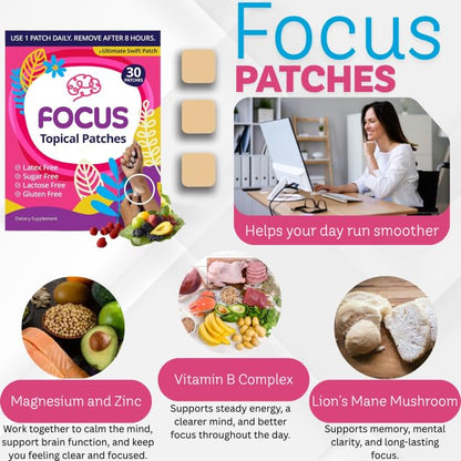 Swift Patch Focus Patch for Adults (30 Day Supply) + Proprietary Blend (Men and Women) - Help Kids and Adults Focus with Patches 22 Ingredients with Proprietary Formula - Maple Wellness Supplements