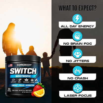 Switch, Brain Boosting Nootropic Energy Supplement Powder - Made in USA - Alpha GPC, NALT, Ashwagandha, Sugar Free Energy, Keto, Increase Mental Focus & Cognitive Function, Enhances Mood & Memory - Maple Wellness Supplements