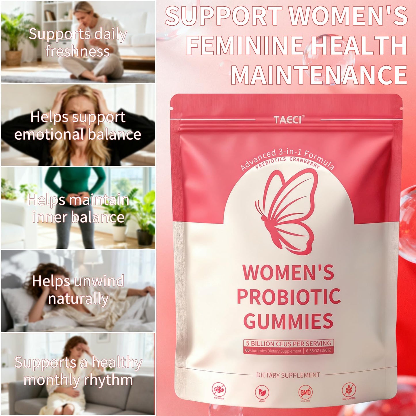 Taeci Vaginal Probiotic Gummies for Women – 5 Billion CFU with Prebiotic & Cranberry Extract – Supports pH Balance, Healthy Odor & Gut Health - Maple Wellness Supplements