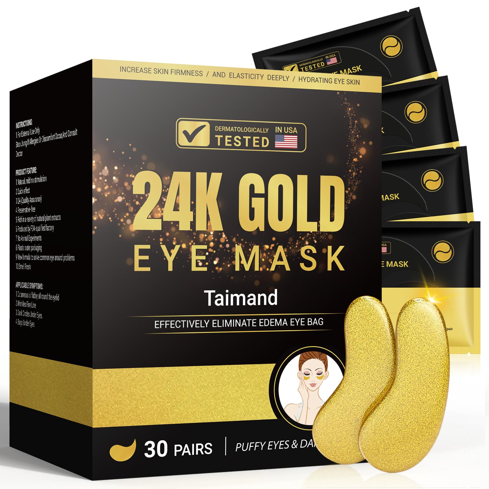 Taimand Under Eye Patches (30 Pairs), 24K Gold Under Eye Mask for Puffy Eyes, Dark Circles,Bags and Wrinkles with Collagen - Maple Wellness Supplements