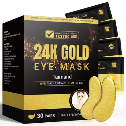 Taimand Under Eye Patches (30 Pairs), 24K Gold Under Eye Mask for Puffy Eyes, Dark Circles,Bags and Wrinkles with Collagen - Maple Wellness Supplements