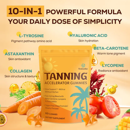 Tanning Gummies with Astaxanthin for Women and Men | Sunless Tanning Supplement with Beta Carotene, Lycopene, Collagen & Vitamins | Skin Radiance & Hydration | Vegan & Sugar Free - 60 Count - Maple Wellness Supplements