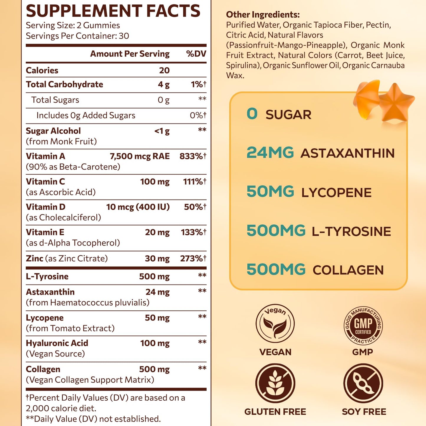 Tanning Gummies with Astaxanthin for Women and Men | Sunless Tanning Supplement with Beta Carotene, Lycopene, Collagen & Vitamins | Skin Radiance & Hydration | Vegan & Sugar Free - 60 Count - Maple Wellness Supplements