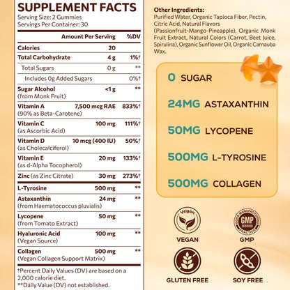 Tanning Gummies with Astaxanthin for Women and Men | Sunless Tanning Supplement with Beta Carotene, Lycopene, Collagen & Vitamins | Skin Radiance & Hydration | Vegan & Sugar Free - 60 Count - Maple Wellness Supplements