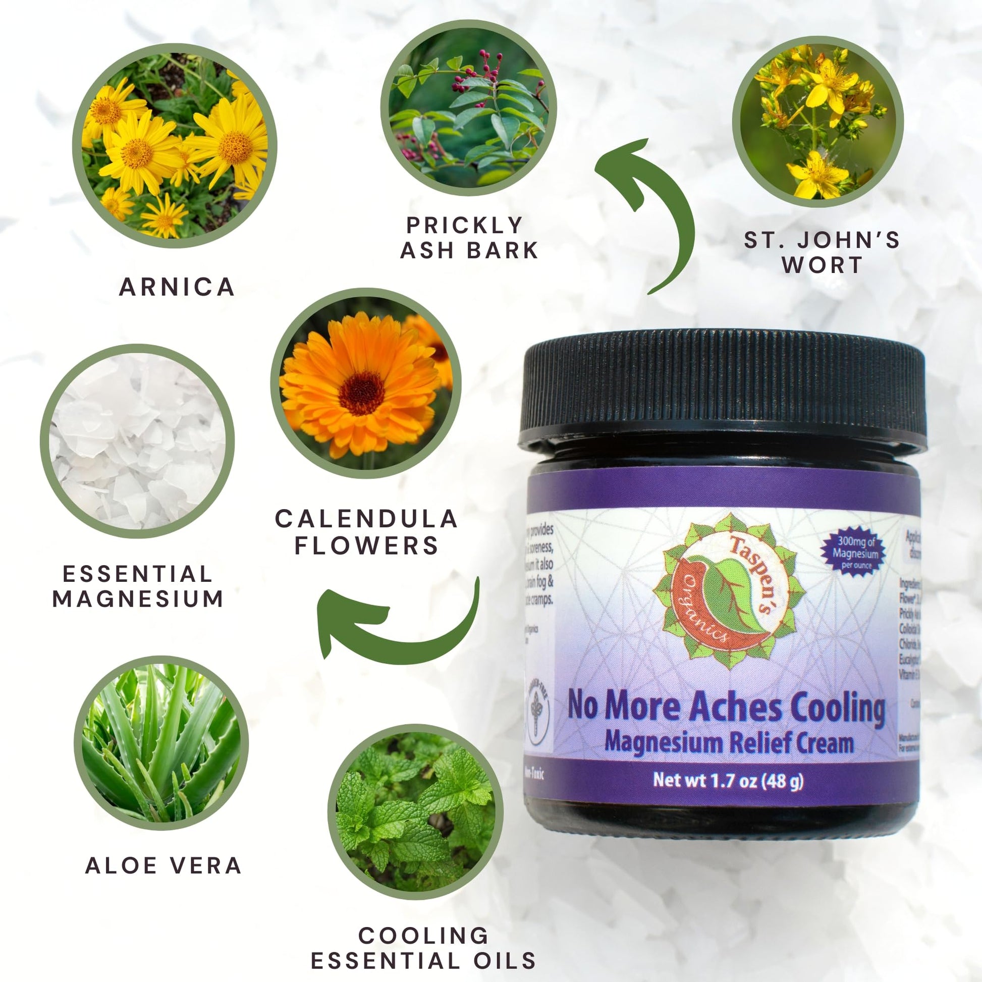 Taspen’s Organics Magnesium No More Aches Cooling Cream – Topical Magnesium Cream for Muscle Relief, Sore Muscles & Post-Workout Recovery with Arnica, Herbs & Essential Oils - Maple Wellness Supplements