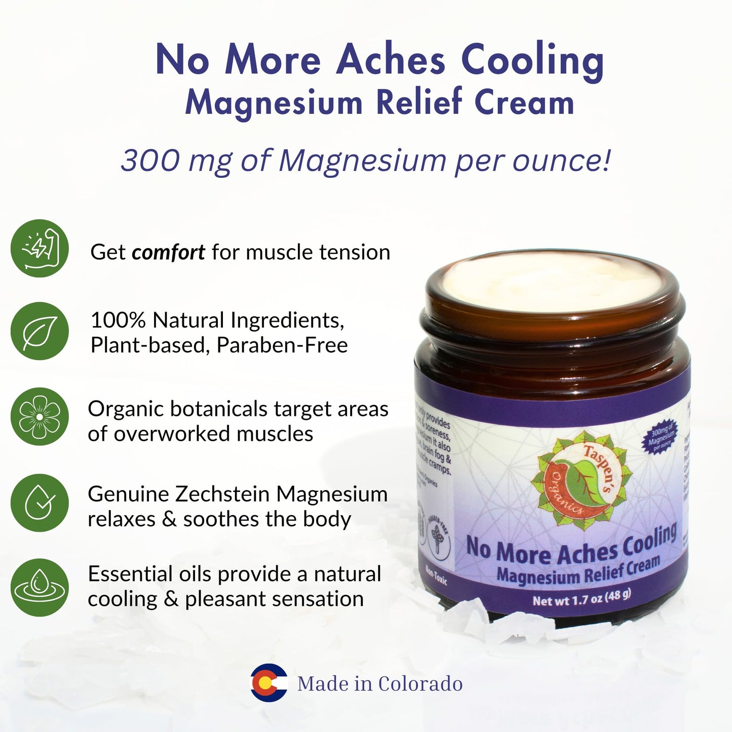 Taspen’s Organics Magnesium No More Aches Cooling Cream – Topical Magnesium Cream for Muscle Relief, Sore Muscles & Post-Workout Recovery with Arnica, Herbs & Essential Oils - Maple Wellness Supplements