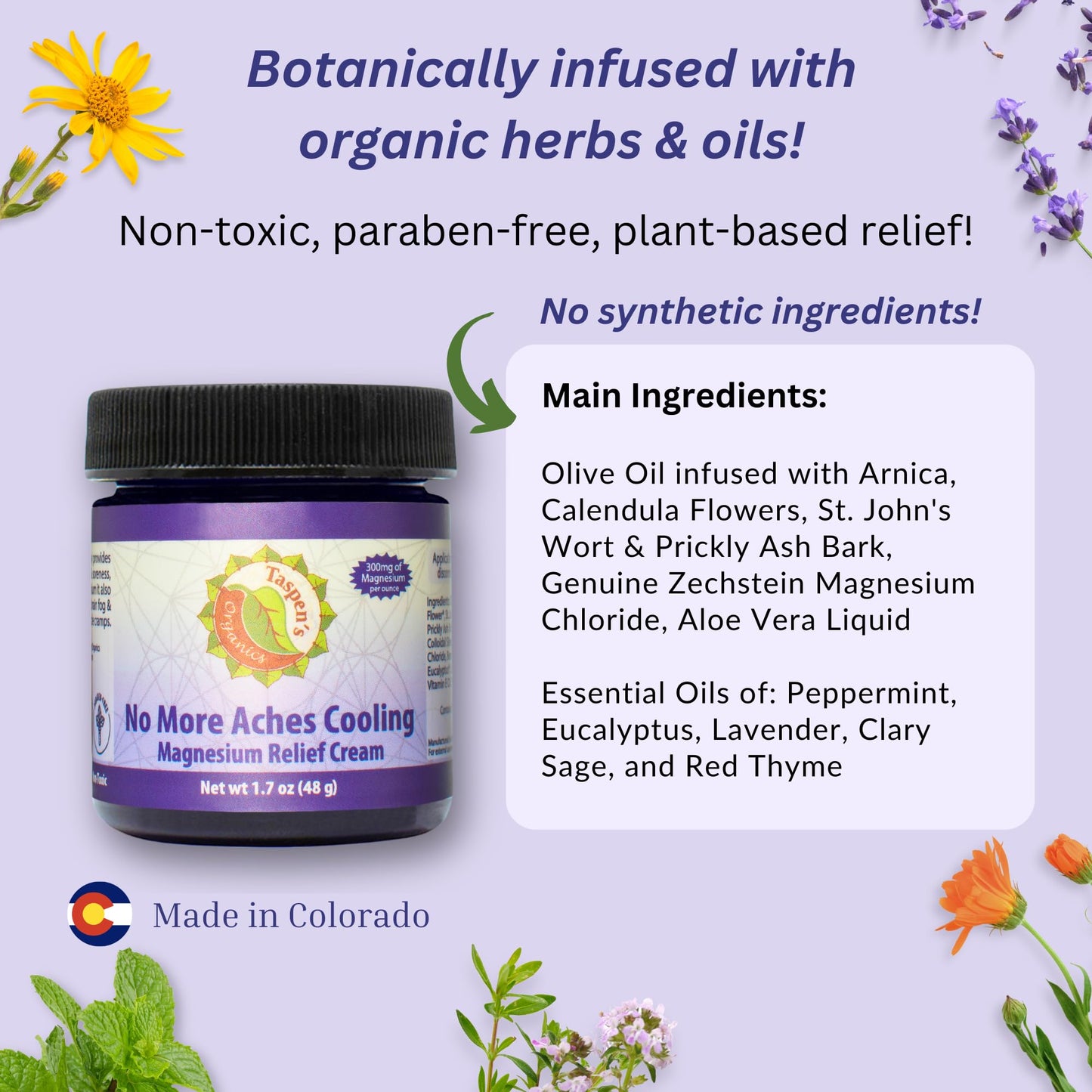 Taspen’s Organics Magnesium No More Aches Cooling Cream – Topical Magnesium Cream for Muscle Relief, Sore Muscles & Post-Workout Recovery with Arnica, Herbs & Essential Oils - Maple Wellness Supplements