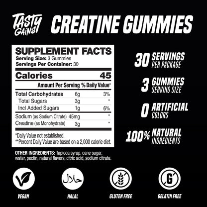TASTY GAINS Creatine Gummies - 90g of Creatine Monohydrate - Workout Supplements - Build Muscle & Boost Strength for Men & Women - Made in USA - Maple Wellness Supplements