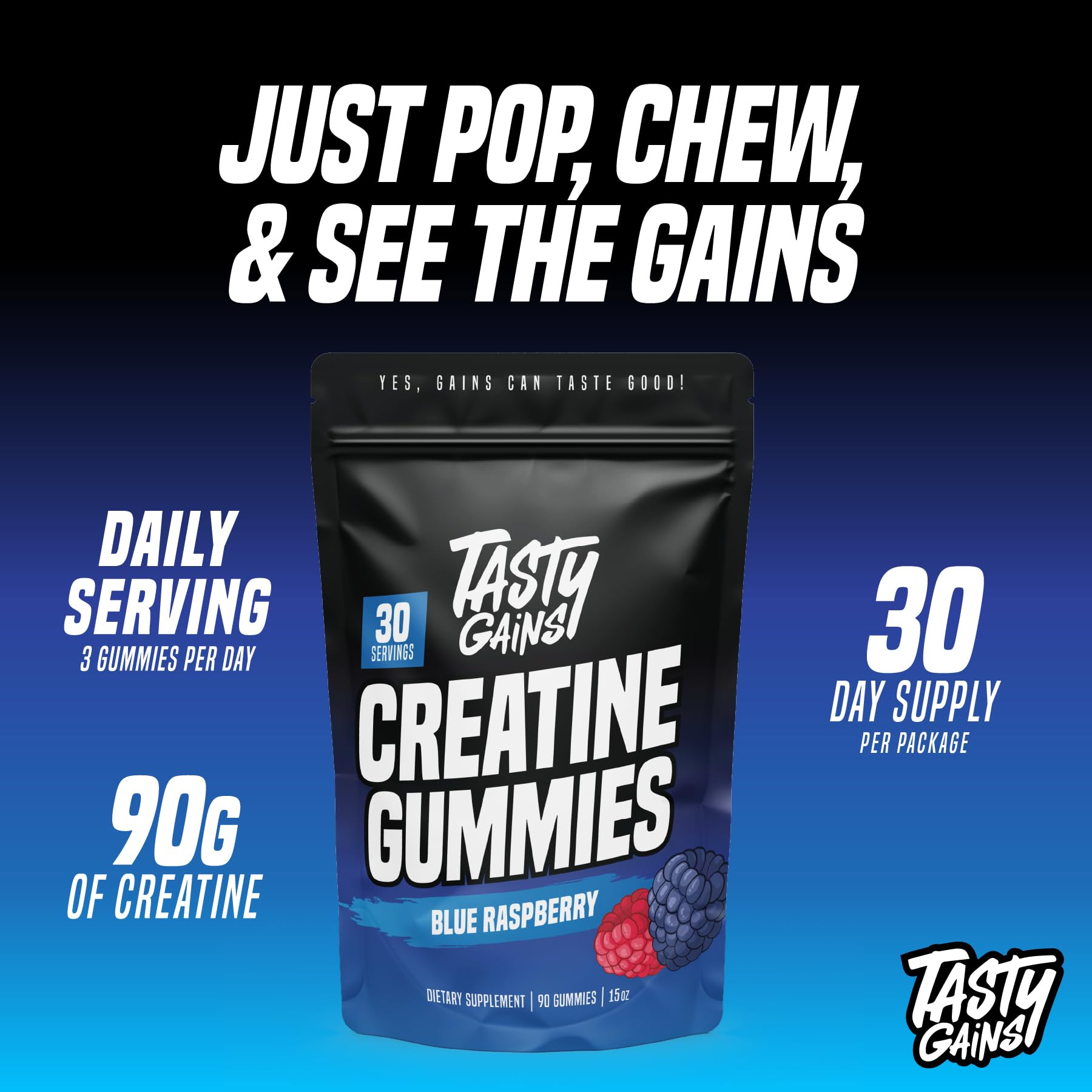 TASTY GAINS Creatine Gummies - 90g of Creatine Monohydrate - Workout Supplements - Build Muscle & Boost Strength for Men & Women - Made in USA - Maple Wellness Supplements