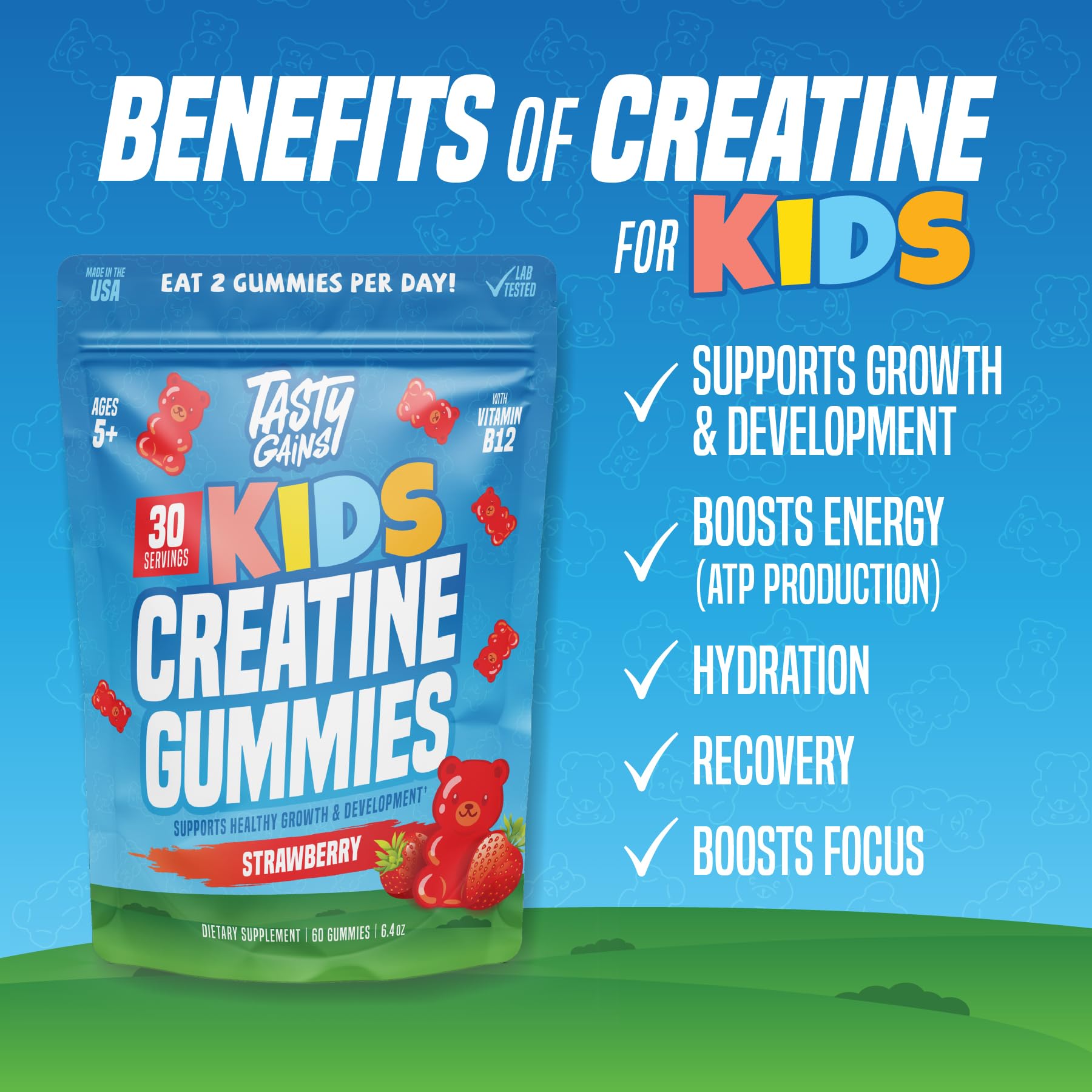 TASTY GAINS Kids & Teen Creatine Gummies with Vitamin B12 for Growth Support, Easy Chew Daily Supplement, Gummy Vitamins for Kids and Teens, Ages 5+ - Maple Wellness Supplements