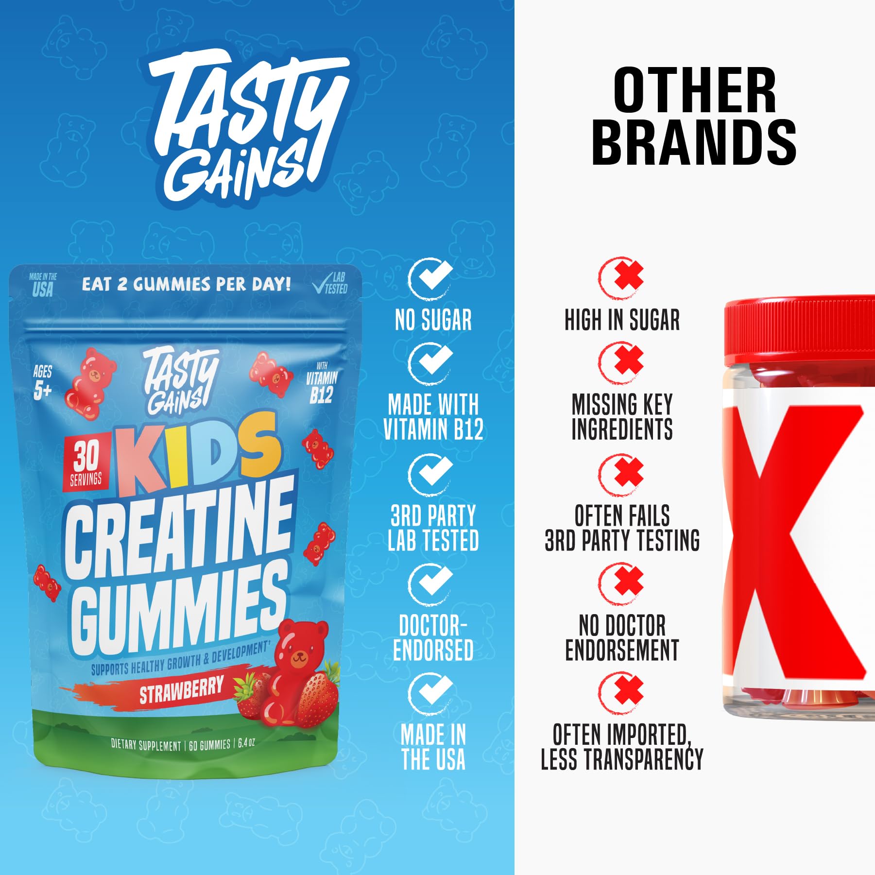 TASTY GAINS Kids & Teen Creatine Gummies with Vitamin B12 for Growth Support, Easy Chew Daily Supplement, Gummy Vitamins for Kids and Teens, Ages 5+ - Maple Wellness Supplements