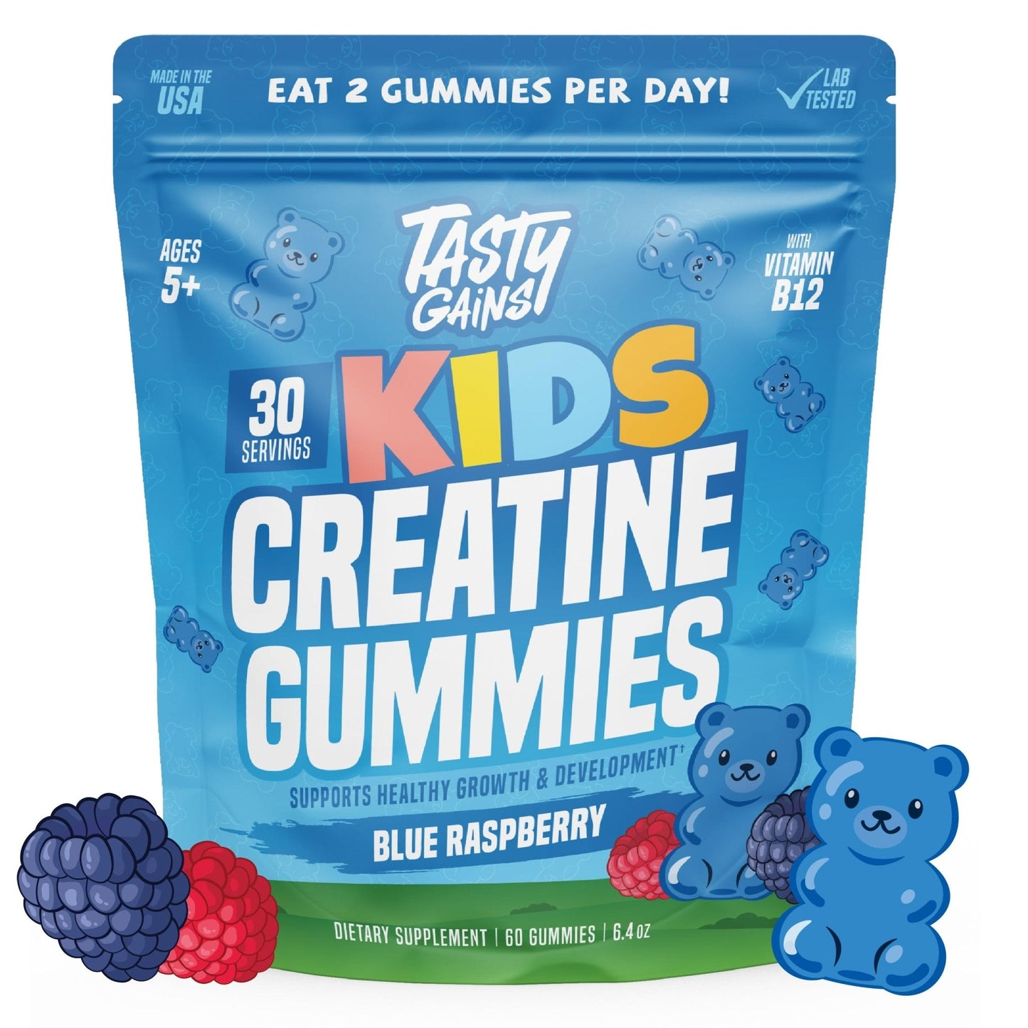 TASTY GAINS Kids & Teen Creatine Gummies with Vitamin B12 for Growth Support, Easy Chew Daily Supplement, Gummy Vitamins for Kids and Teens, Ages 5+ - Maple Wellness Supplements